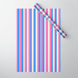 [ Thumbnail: Blue, Beige & Hot Pink Colored Pattern of Stripes Wrapping Paper ]