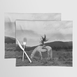Wild horses couldn't take you from me; young woman on a white horse throwing her hair black wilderness black and white photograph - photography - photographs Placemat