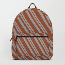 [ Thumbnail: Dark Gray and Sienna Colored Stripes Pattern Backpack ]