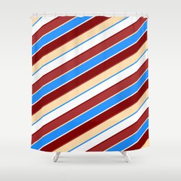[ Thumbnail: Maroon, Brown, Tan, Blue & White Colored Striped Pattern Shower Curtain ]