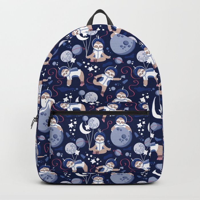 Best Space To Be // navy blue background indigo moons and cute astronauts sloths Backpack