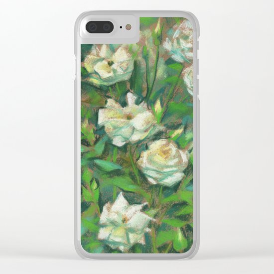 "White roses, green leaves", pastel painting, floral art Clear iPhone Case