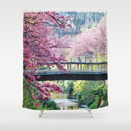 Cherry Tree Blossoms of Spring Along the River Portrait Painting Shower Curtain