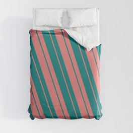 [ Thumbnail: Light Coral & Teal Colored Striped/Lined Pattern Duvet Cover ]