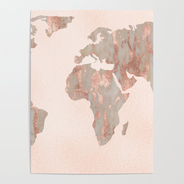 Rosegold Marble Map of the World Poster