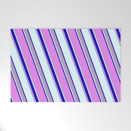 [ Thumbnail: Light Cyan, Blue, Violet, and Dark Grey Colored Lines/Stripes Pattern Welcome Mat ]