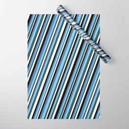 [ Thumbnail: Eyecatching Blue, Sky Blue, Dark Slate Gray, White, and Black Colored Stripes Pattern Wrapping Paper ]
