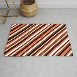 [ Thumbnail: Red, Mint Cream, Brown, and Black Colored Striped/Lined Pattern Rug ]