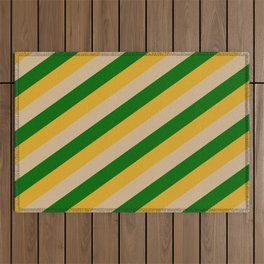 [ Thumbnail: Goldenrod, Tan & Dark Green Colored Lined Pattern Outdoor Rug ]