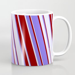 [ Thumbnail: Medium Slate Blue, Lavender & Dark Red Colored Stripes/Lines Pattern Coffee Mug ]