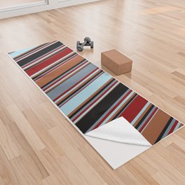 [ Thumbnail: Sienna, Light Blue, Dark Red, Light Slate Gray, and Black Colored Pattern of Stripes Yoga Towel ]