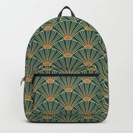 Geometric seamless pattern with golden lines. Green background in art deco style. Backpack