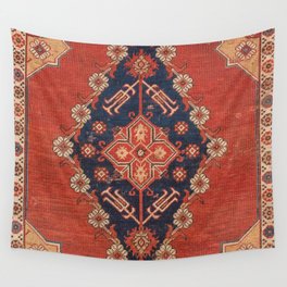 Southwest Tuscan Shapes I // 18th Century Aged Dark Blue Redish Yellow Colorful Ornate Rug Pattern Wall Tapestry