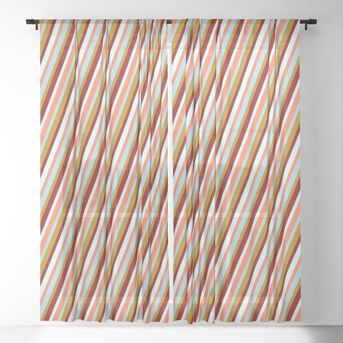 Eyecatching Dark Goldenrod, Dark Red, Light Cyan, Coral & Light Blue Colored Striped/Lined Pattern Sheer Curtain