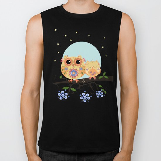 Colourful Flower power owl with her sleepy baby on branch Biker Tank