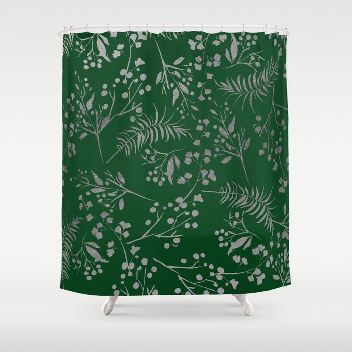 Forest Green Country Chic Faux Silver Floral Leaves Shower Curtain