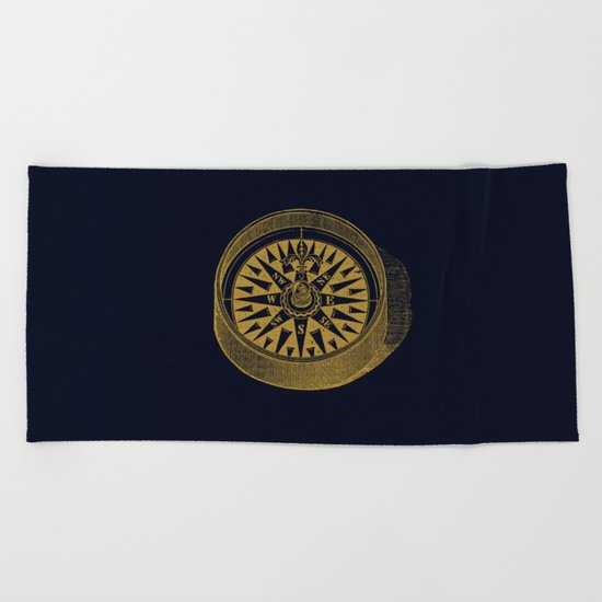 The golden compass I- maritime print with gold ornament Beach Towel