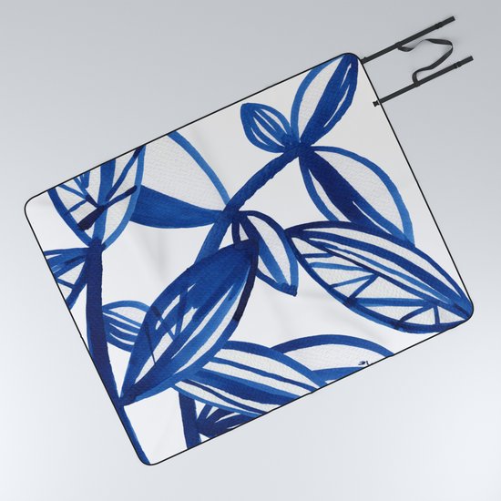 Navy Blue And Lime Green Abstract Leaves Picnic Blanket By
