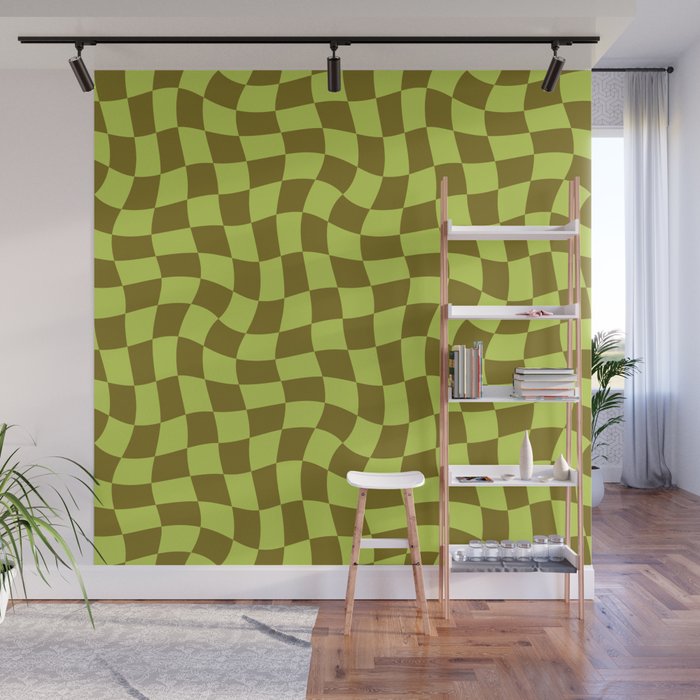 Warped Checkerboard (Lime Green & Brown) Wall Mural