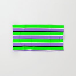 [ Thumbnail: Purple, Black, Lime & Beige Colored Pattern of Stripes Hand & Bath Towel ]