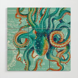 Teal Octopus On Light Teal Vintage Map Wood Wall Art