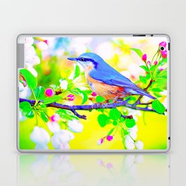 Blue Bird On A Branch Of Flowers Laptop Skin