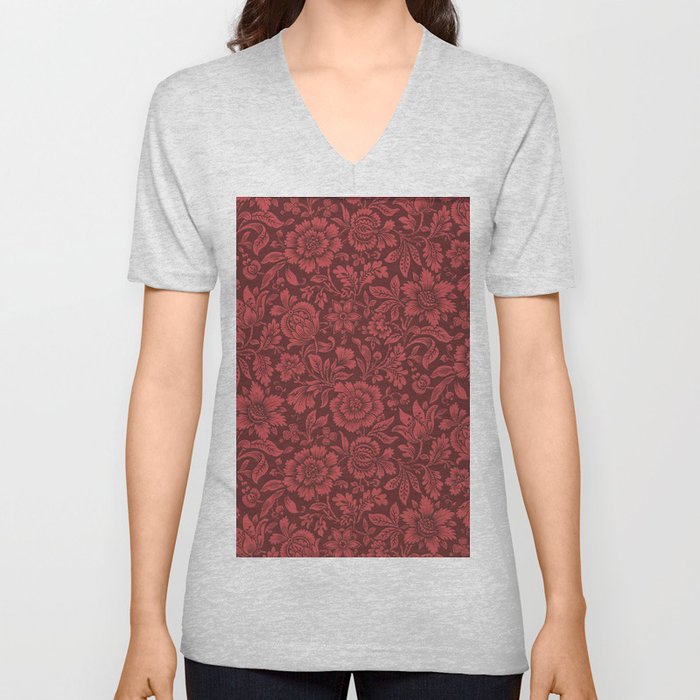 Burgundy and Red Chintz Floral Design V Neck T Shirt