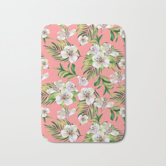 White flowers on a pink background Bath Mat