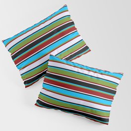 [ Thumbnail: Eyecatching Deep Sky Blue, Green, Dark Red, Lavender, and Black Colored Lines/Stripes Pattern Pillow Sham ]
