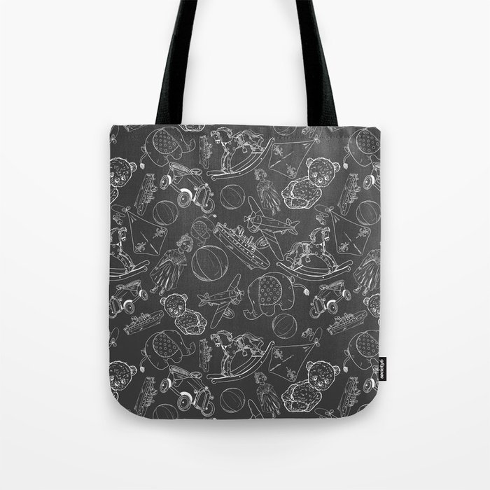 Dark Grey and White Toys Outline Pattern Tote Bag