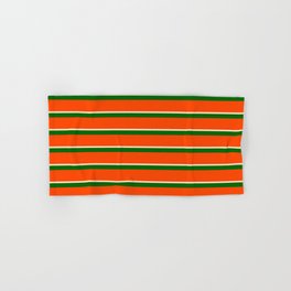 [ Thumbnail: Red, Bisque, and Dark Green Colored Lines/Stripes Pattern Hand & Bath Towel ]