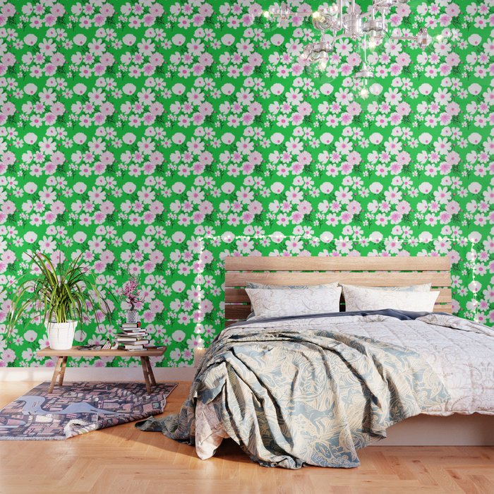 Wildflower Fields Retro Spring Green and Pink Wallpaper