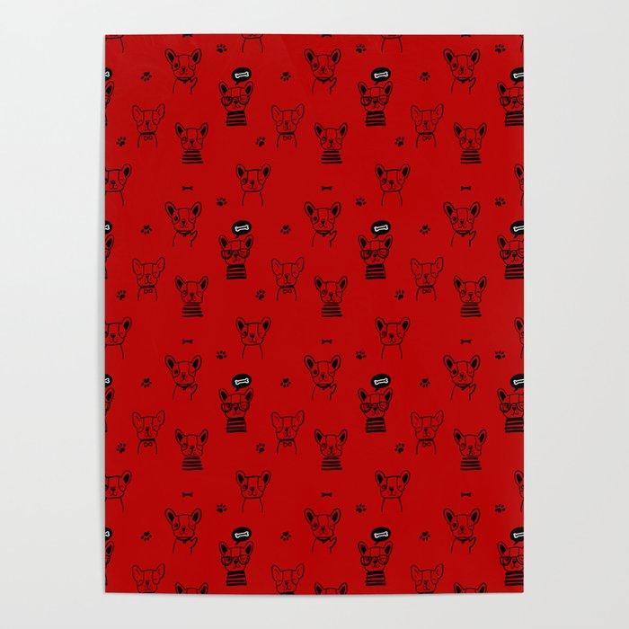 Red and Black Hand Drawn Dog Puppy Pattern Poster