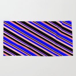 [ Thumbnail: Light Coral, Blue, Light Pink, and Black Colored Lines Pattern Beach Towel ]