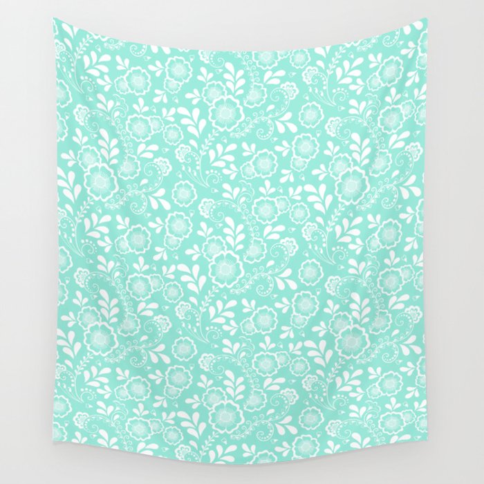 Seafoam And White Eastern Floral Pattern Wall Tapestry