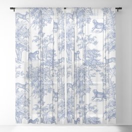 Toile de Jouy Vintage French Exotic Jungle Forest Navy Blue & White Sheer Curtain