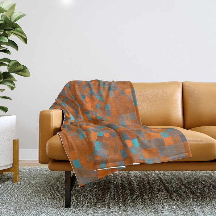 geometric pixel square pattern abstract background in orange blue Throw Blanket