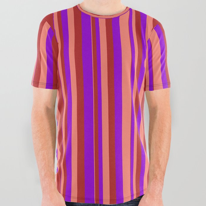 Dark Violet, Salmon & Red Colored Stripes/Lines Pattern All Over Graphic Tee