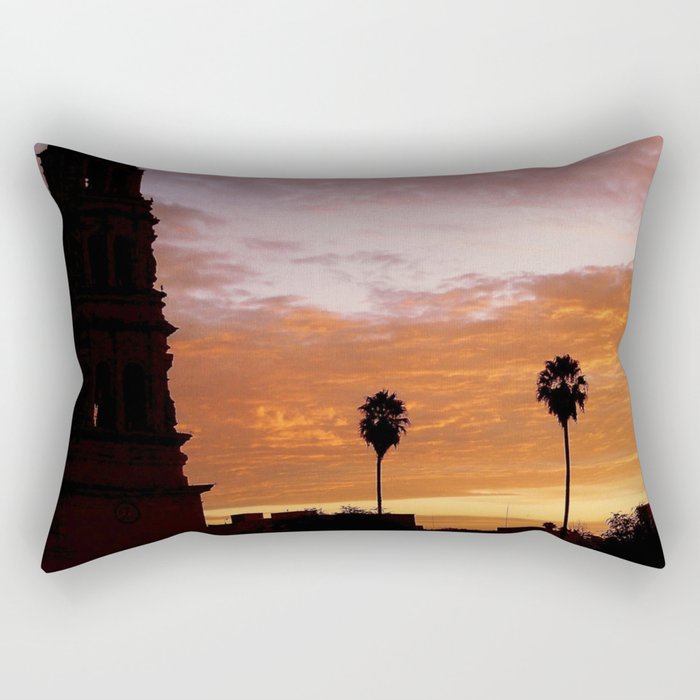 Mexico Photography - A Church And Two Palm Trees In The Sunset Rectangular Pillow