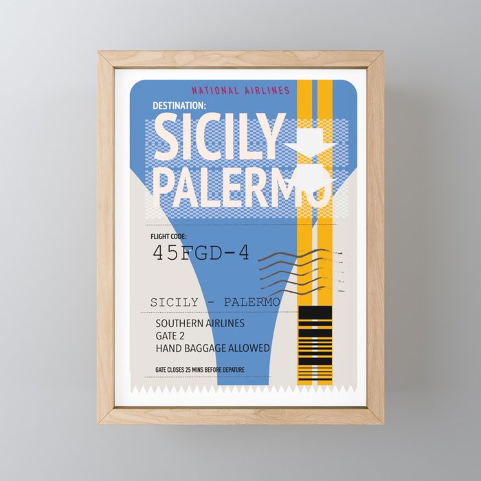 Sicily Palermo plane ticket. Framed Mini Art Print