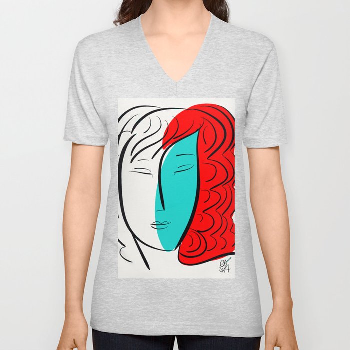 Turquoise Pop Girl with red hair Graphic Minimal art V Neck T Shirt