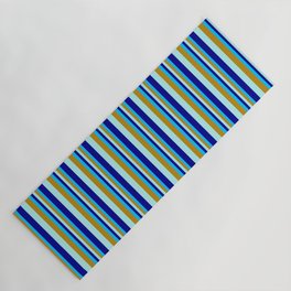 [ Thumbnail: Deep Sky Blue, Dark Goldenrod, Turquoise & Dark Blue Colored Striped/Lined Pattern Yoga Mat ]