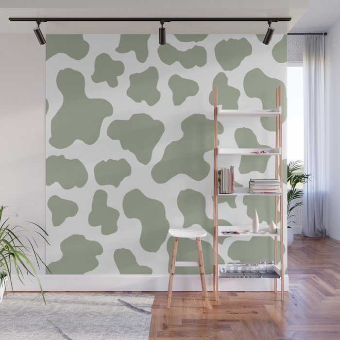 Sage Green Cow Print Aesthetic Pattern Wall Mural by lizziereadingart