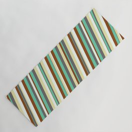 [ Thumbnail: Vibrant Aquamarine, Dim Grey, Pale Goldenrod, Mint Cream, and Brown Colored Lined Pattern Yoga Mat ]