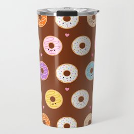 Kawaii Donuts Pattern on Brown Travel Mug