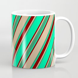 [ Thumbnail: Green, Maroon, Tan & Sea Green Colored Lined/Striped Pattern Coffee Mug ]