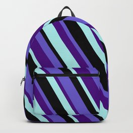 [ Thumbnail: Slate Blue, Indigo, Turquoise & Black Colored Striped Pattern Backpack ]