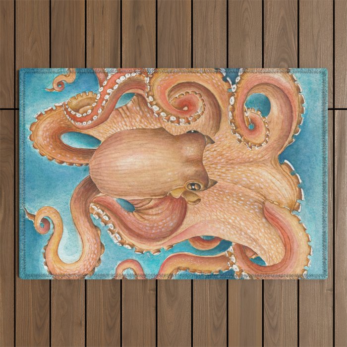 Orange Red Octopus Kraken Tentacles Teal Watercolor Outdoor Rug
