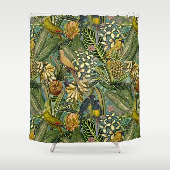 Vintage & Shabby Chic - Green Tropical Bird Flower Garden Shower Curtain