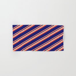 [ Thumbnail: Tan, Red, and Midnight Blue Colored Lined Pattern Hand & Bath Towel ]